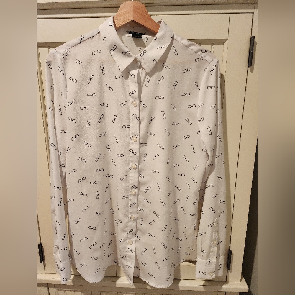 Ann Taylor Quirky Eyeglasses Print Blouse